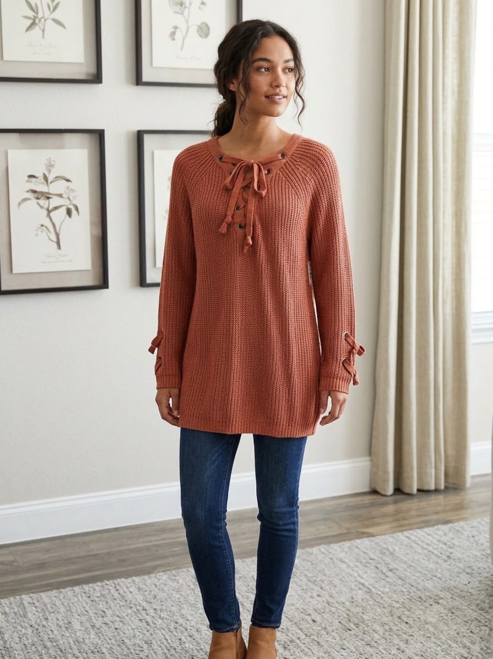 MIRACLE Rust Orange Lace Up Long Sweater Top Women's Size M L
